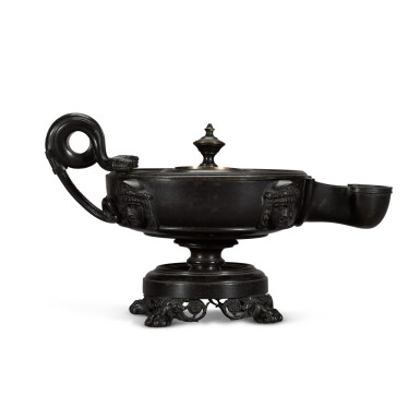 View full screen - View 1 of Lot 44. A George IV patinated bronze colza oil lamp, circa 1825, attributed to James DeVille, London.