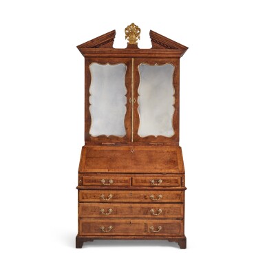 View full screen - View 1 of Lot 210. A George II Gilt Metal Mounted and Parcel Gilt Figured and Burr Walnut Bureau Bookcase, Circa 1730.