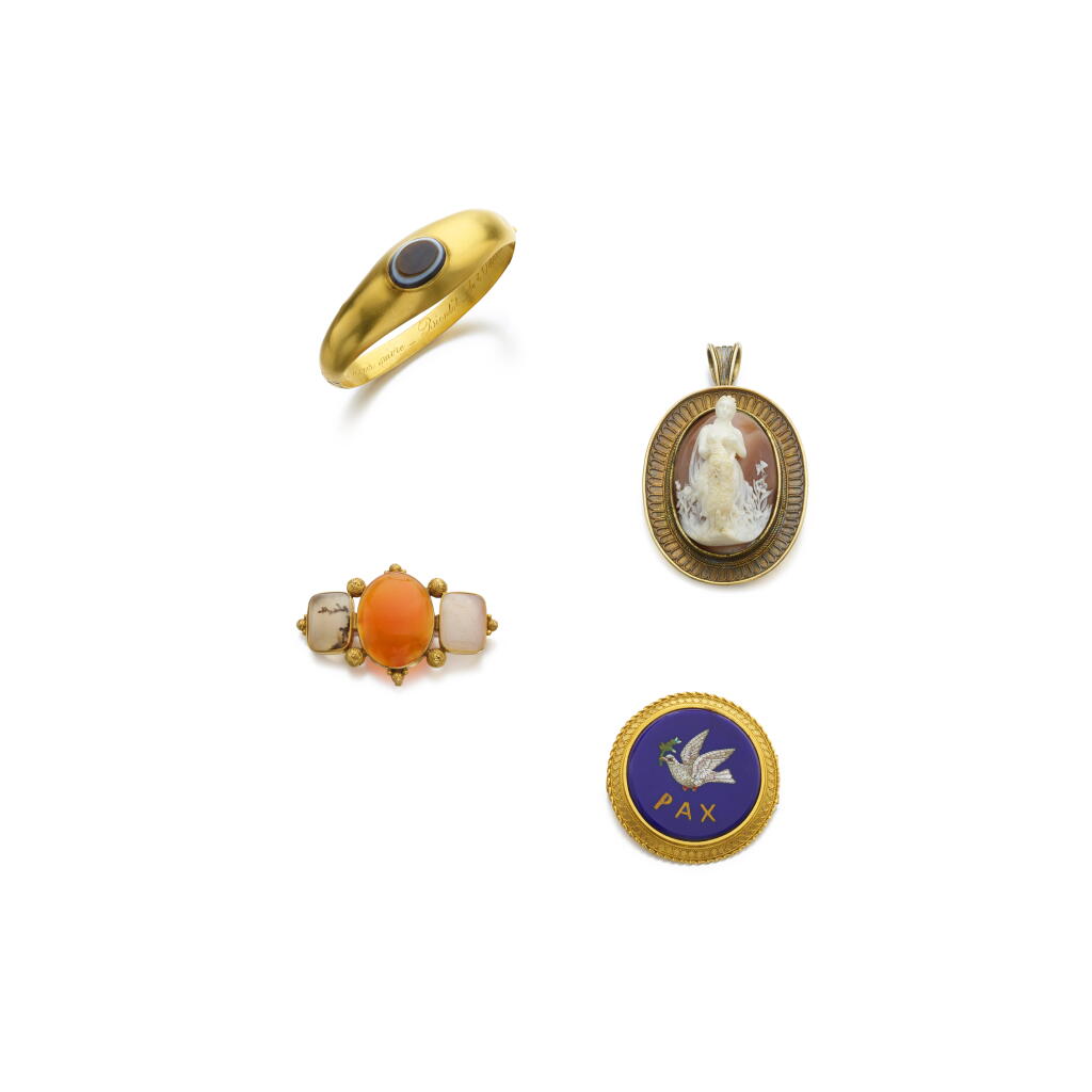 View full screen - View 1 of Lot 1014. Sardonyx bangle, circa 1835, a shell cameo brooch/pendant, mid-19th century and a collection of jewels.