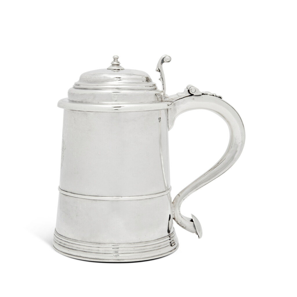 View full screen - View 1 of Lot 803. An American Silver Tankard with the Wolcott Arms, William Cowell, Sr., Boston, circa 1730.