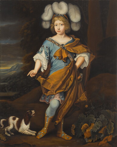 View full screen - View 1 of Lot 155. Portrait of a boy, aged 6, standing full-length, wearing blue costume with a yellow cloak, in a landscape, a spaniel at his side.