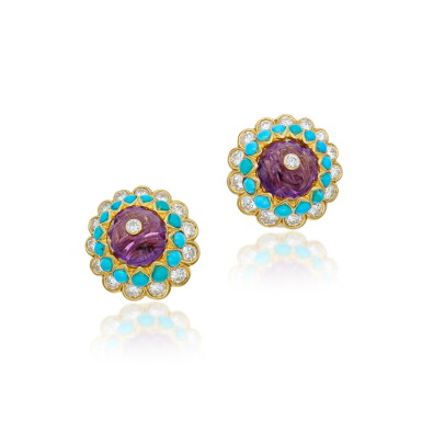 View full screen - View 1 of Lot 354. Pair of Amethyst, Turquoise and Diamond Earclips, France.