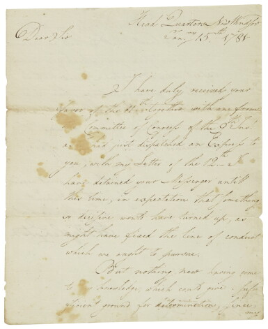 View full screen - View 1 of Lot 2158. Washington, George. Manuscript letter signed, to General Arthur St. Clair, 15 January 1781.