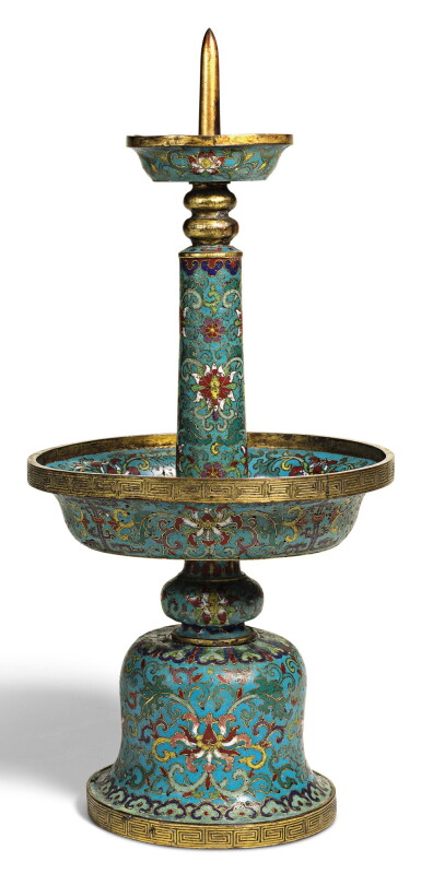 View full screen - View 1 of Lot 358. A CLOISONNE ENAMEL CANDLESTICK QING DYNASTY, 18TH CENTURY | 清十八世紀 掐絲琺瑯纏枝番蓮紋燭臺.