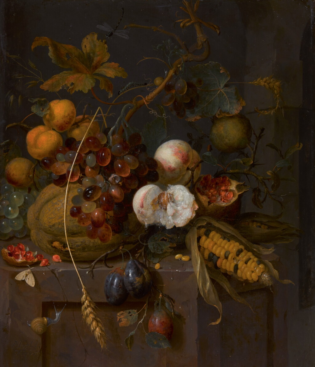 View full screen - View 1 of Lot 59. JAN MORTEL | A still life of corn, pomegranates, peaches, apricots, prunes, grapes and a squash on a ledge.