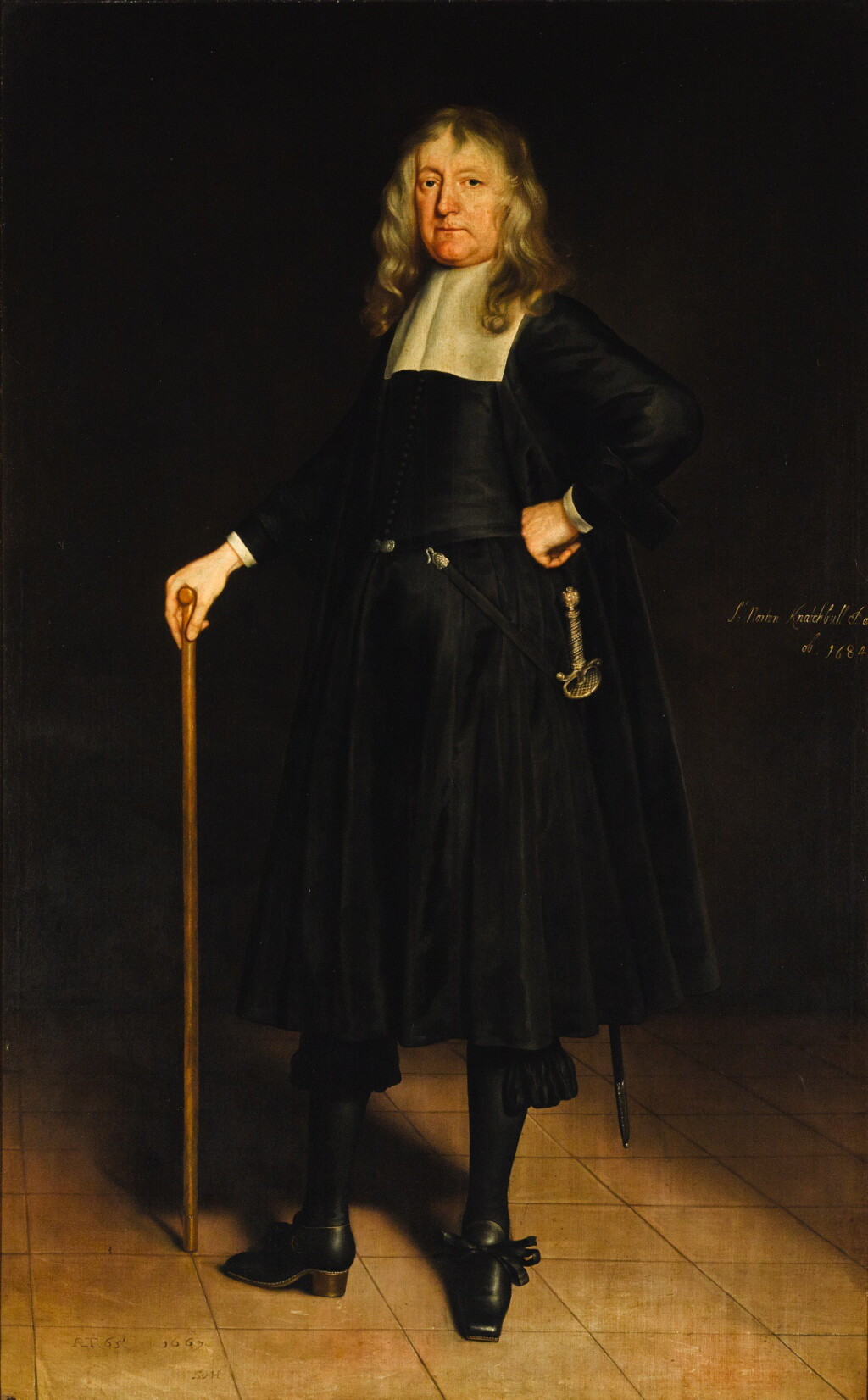 View full screen - View 1 of Lot 109. Portrait of Sir Norton Knatchbull, 1st Bt. (1601-1684), full-length, wearing a black tunic and white collar.