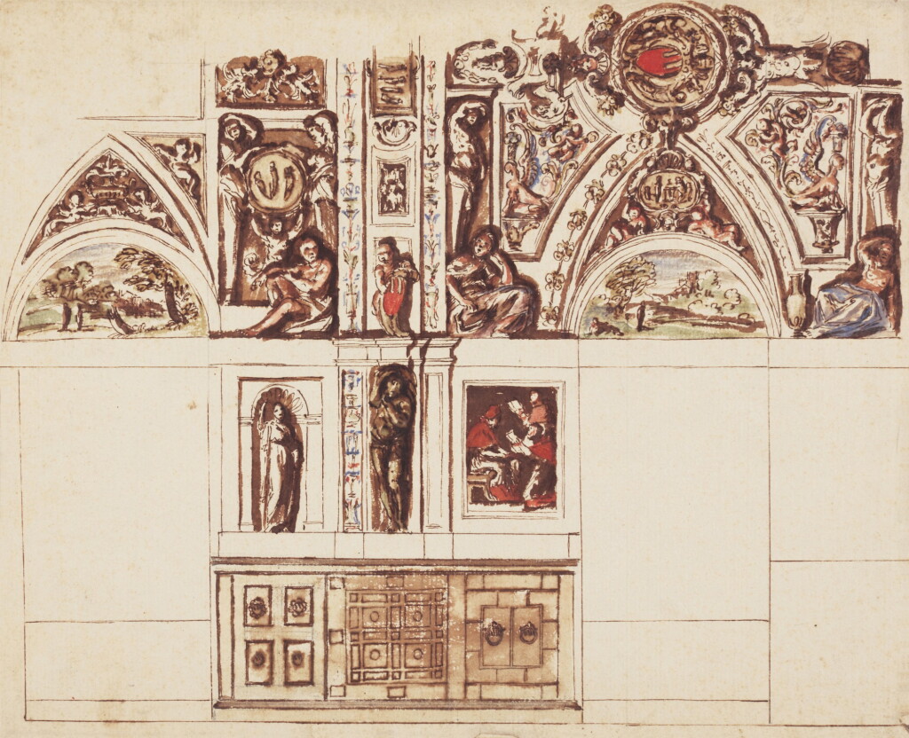 View full screen - View 1 of Lot 16. Study for a section of the decoration of a room with a vaulted ceiling, including the coat of arms of Pope Gregory XV (Ludovisi), and the wall below with indications of compartments with wainscoting.