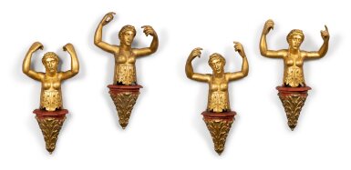View full screen - View 1 of Lot 92. A Set of Four Italian Neoclassical Carved and Giltwood Caryatid Figures, Late 18th Century.