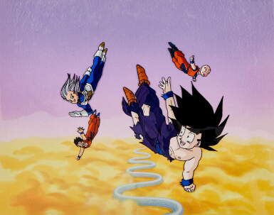 View full screen - View 1 of Lot 35. The Z Fighters' Iconic Farewell at the Last Episode of Cel Era (Episode 193) Animation Cel with Hand-painted Original Background | Z戰士在賽璐璐時代最終集的標誌性告別(第193集)賽璐璐,附手繪原裝背景.