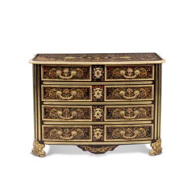 View full screen - View 1 of Lot 66. A Louis XIV varnished bronze mounted ebony, brass, tinted horn, mother-of-pearl, ivory, tortoiseshell Boulle marquetry commode, circa 1710.