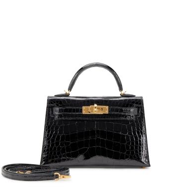 View full screen - View 1 of Lot 55. Black Shiny Alligator Mini Kelly 20 Gold Hardware, 2022.