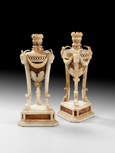 View full screen - View 1 of Lot 138. A pair of Louis XVI style alabaster vases | Paire de vases d'ornement en albâtre de style Louis XVI.