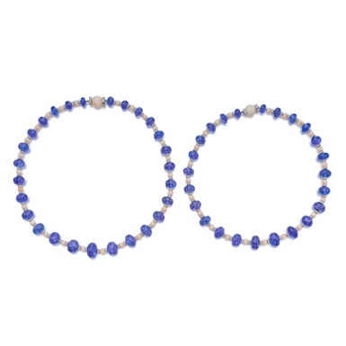 View full screen - View 1 of Lot 197. Pair of Tanzanite, Coral and Diamond Bead Necklaces.