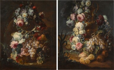View full screen - View 1 of Lot 109. MICHELE ANTONIO RAPOUS | STILL LIFE OF FLOWERS IN A GLASS VASE, WITH GRAPES AND PEARS; AND STILL LIFE OF FLOWERS IN A SCULPTED VASE WITH GRAPES AND OTHER FRUIT.