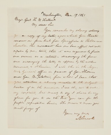 View full screen - View 1 of Lot 12. Lincoln, Abraham | Lincoln apologizes for interfering with military matters in Missouri.