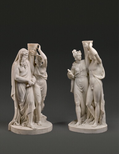 View full screen - View 1 of Lot 107. ATTRIBUTED TO CARLO ALBACINI (1735- CIRCA 1813) AND WORKSHOP, ITALIAN, ROME, CIRCA 1800 | PAIR OF DIONYSIAC GROUPS WITH CORNUCOPIA SUPPORTS, PROBABLY FOR CANDELABRA.