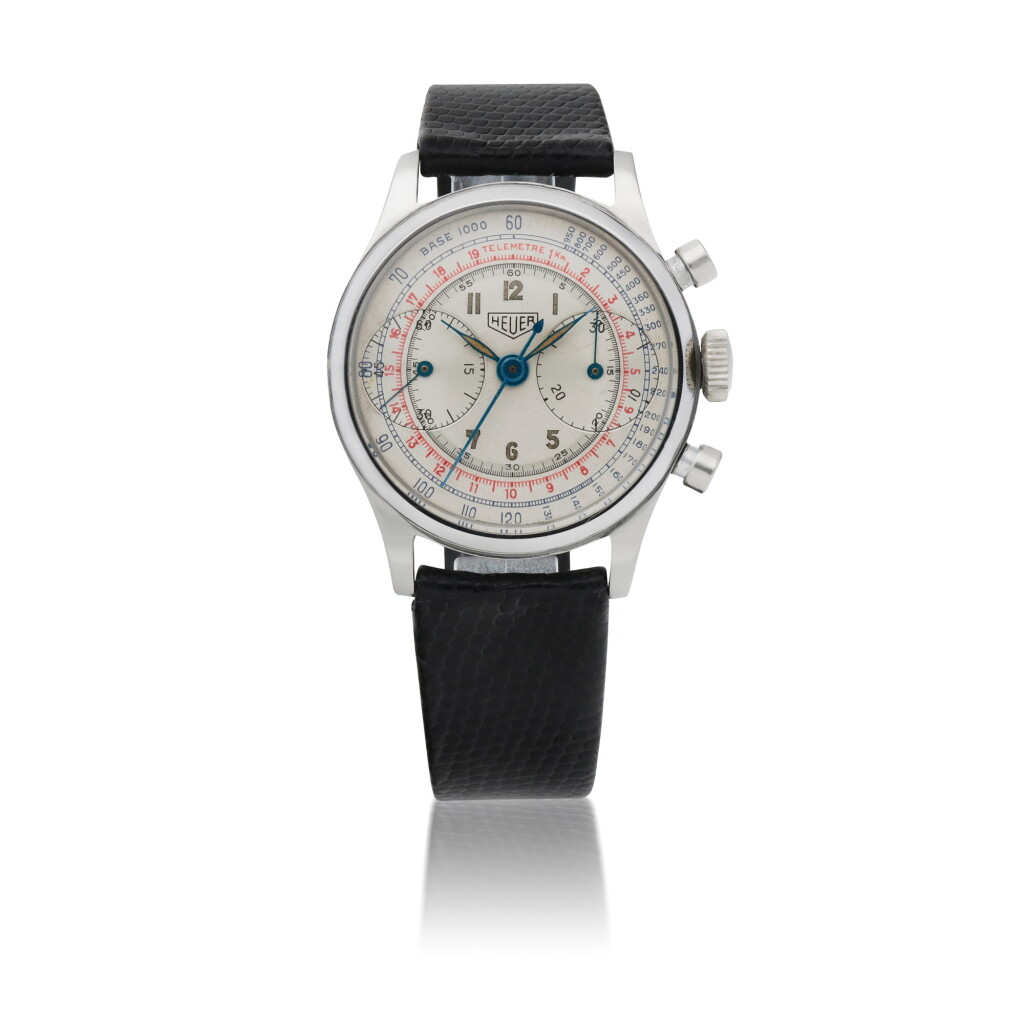 View full screen - View 1 of Lot 12. HEUER | REF 2406 RARE WATERPROOF STAINLESS STEEL CHRONOGRAPH WRISTWATCH CIRCA 1942.