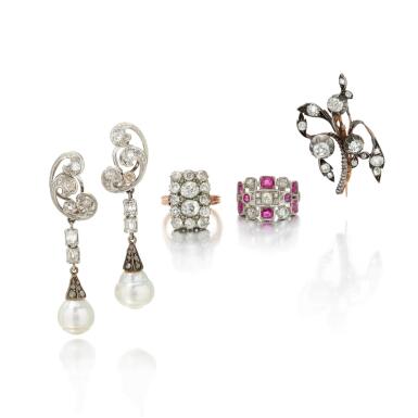 View full screen - View 1 of Lot 34. Collection of cultured pearl, ruby and diamond jewels (Collezione di gioielli con diamanti, rubini e perle coltivate).