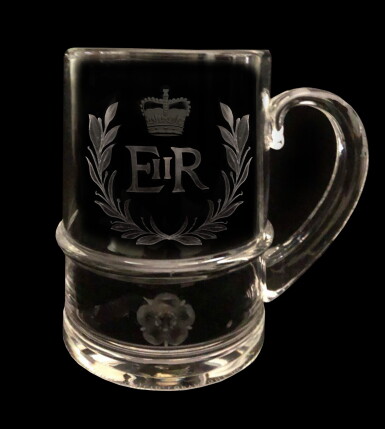 View full screen - View 1 of Lot 25. An engraved glass coin tankard celebrating the coronation of Queen Elizabeth II, 1953.