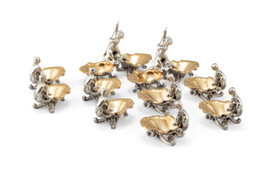 View full screen - View 1 of Lot 279. A group of 10 parcel-gilt silver salt-cellars, Emile Froment-Meurice, Paris, circa 1860 | Ensemble de 10 salières en argent et vermeil par Emile Froment-Meurice, Paris, vers 1860.