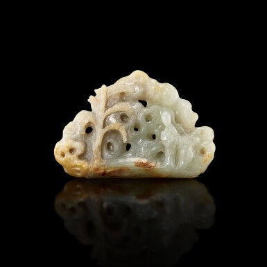 View full screen - View 1 of Lot 3017. A reticulated celadon and russet jade 'garden and lady' boulder, Ming dynasty 明 青白玉鏤雕芭蕉仕女圖山子.