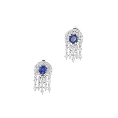 View full screen - View 1 of Lot 1189. Pair of sapphire and diamond earrings.