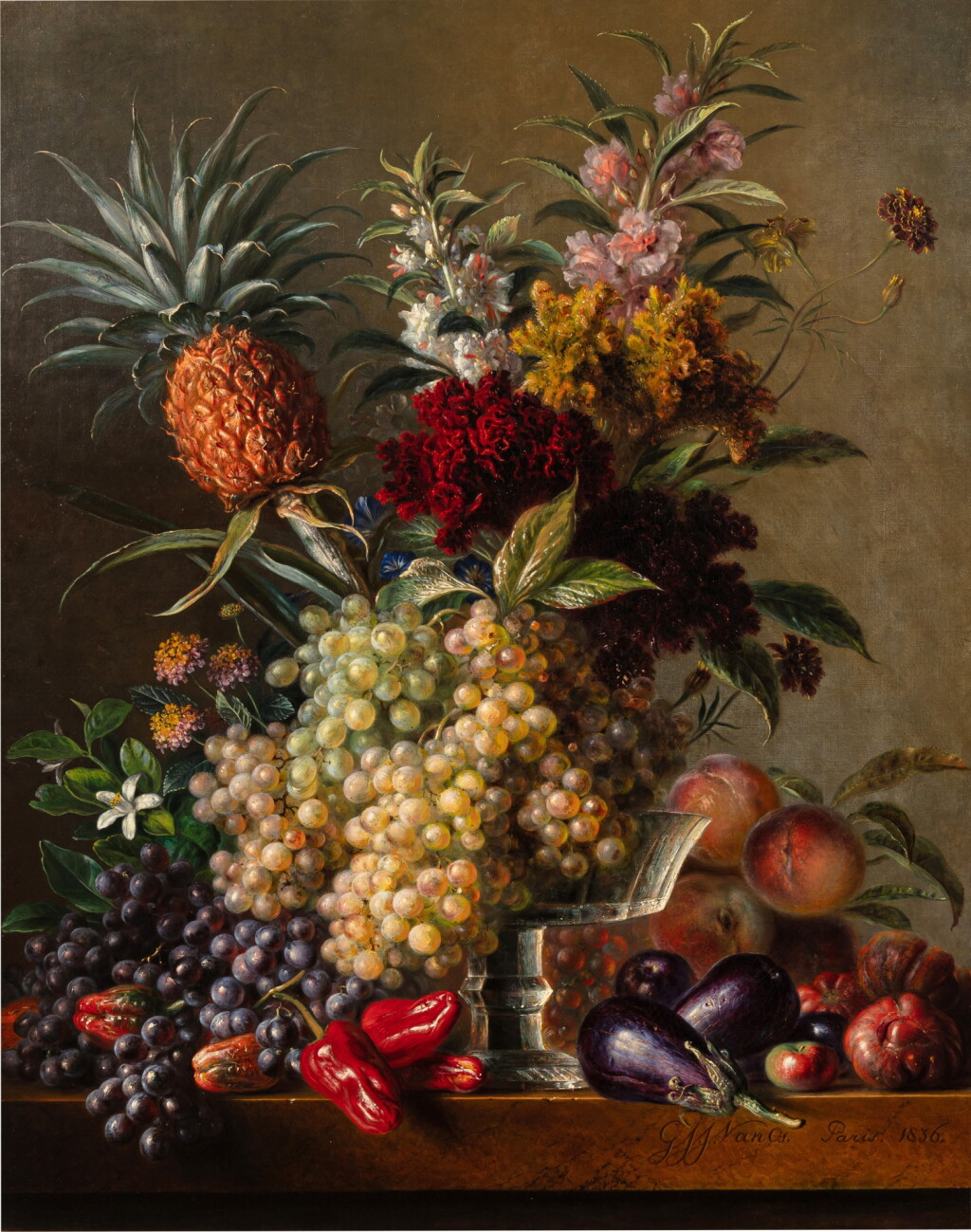 View full screen - View 1 of Lot 40. A Still life with flowers, fruits and vegetables .