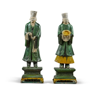 View full screen - View 1 of Lot 296. Two rare large pottery sancai-glazed attendants, Ming dynasty | 明 三彩陶俑一組兩尊.