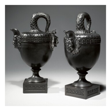 View full screen - View 1 of Lot 87. A PAIR OF WEDGWOOD STYLE BLACK BASALT 'FISH TAIL' EWER VASES 20TH CENTURY .