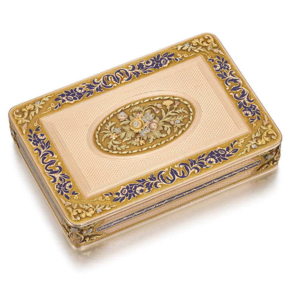View full screen - View 1 of Lot 77. A four-colour gold and enamel snuff box, Charles Colins & Söhne, Hanau, circa 1830.