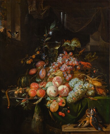 View full screen - View 1 of Lot 60. ABRAHAM MIGNON | STILL LIFE WITH PLUMS, PEACHES, APRICOTS, GRAPES AND A MELON, WITH A ROEMER GLASS AND A FLUTE GLASS, ALL ON A DRAPED TABLE, A GOLDFINCH ON THE WINDOW SILL AND A BRACE OF SONGBIRDS.