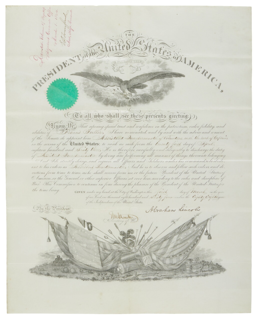 View full screen - View 1 of Lot 1029. Lincoln, Abraham | A signed military commission for Francis Fuller, well preserved.