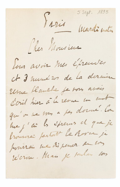 View full screen - View 1 of Lot 278. Lettre à Thadée Natanson, directeur de la Revue Blanche (sept. 1893), 4 p., sur ses contributions futures.