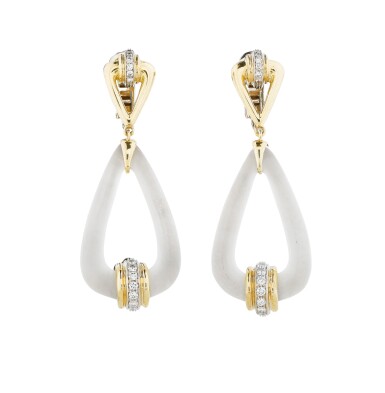 View full screen - View 1 of Lot 144. Paire de boucles d'oreille cristal de roche et diamants | Pair of rock crystal and diamond earrings.