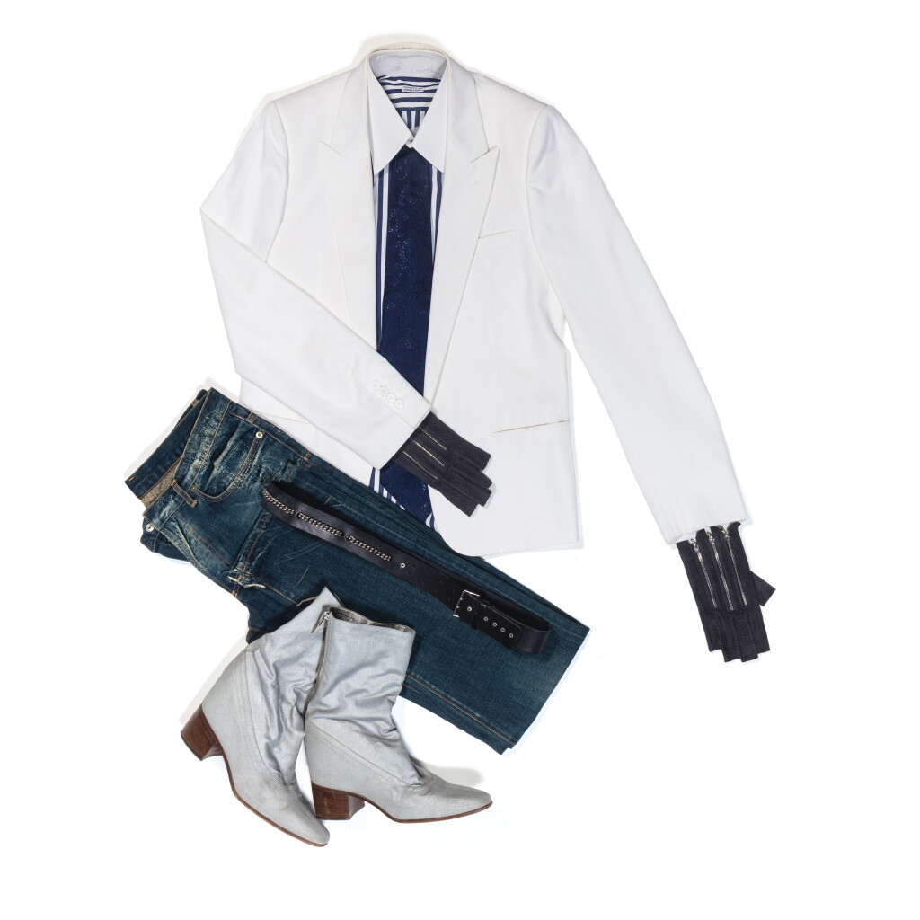 View full screen - View 1 of Lot 59. Karl Lagerfeld’s Total Look 1 “La Vigie, Monaco”: Dior, White Blazer and Jeans; Chanel, Tie and Gloves; Hilditch and Key, KL Monogram Shirt & Massaro, Boots.