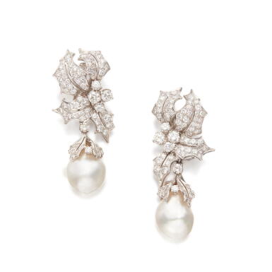 View full screen - View 1 of Lot 164. Pair of Cultured Pearl and Diamond Pendant-Earclips.