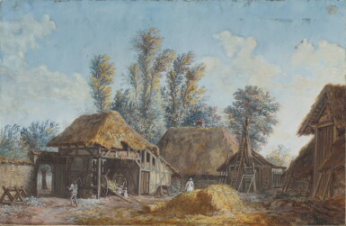 View full screen - View 1 of Lot 120. A Pair of Landscapes: A) Figures on a farm with hay bales B) River landscape with watermill.