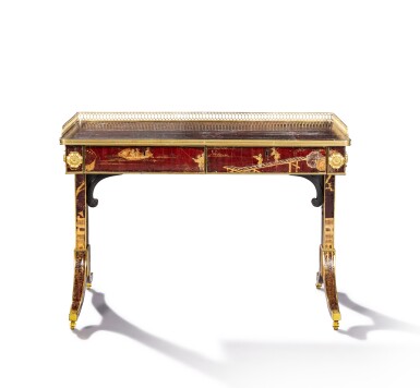 View full screen - View 1 of Lot 20. A Regency gilt-brass-mounted lacquer writing table, England, circa 1815, in the manner of John Mclean.
