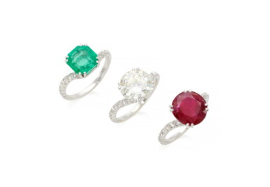 View full screen - View 1 of Lot 55. EMERALD, RUBY AND DIAMOND RINGS (ANELLI CON SMERALDO, RUBINO E DIAMANTI) .