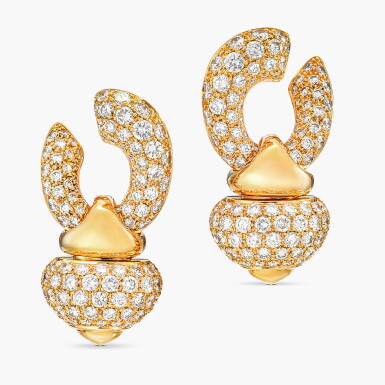View full screen - View 1 of Lot 1601. Pair of Diamond 'Pigne' Earclips | 寶格麗 | 鑽石 'PIGNE' 耳夾一對.