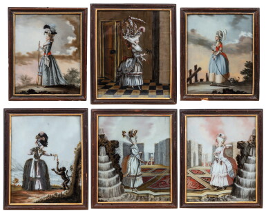 View full screen - View 1 of Lot 812. A set of six George II reverse glass paintings, mid-18th century.