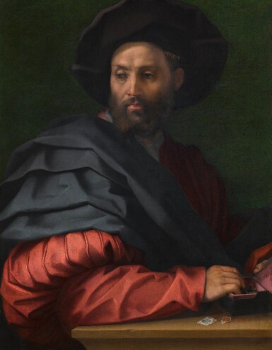 View full screen - View 1 of Lot 20. Portrait of a man (Ottaviano de' Medici?) wearing a large hat, with a box of wax seals resting on a ledge before him.