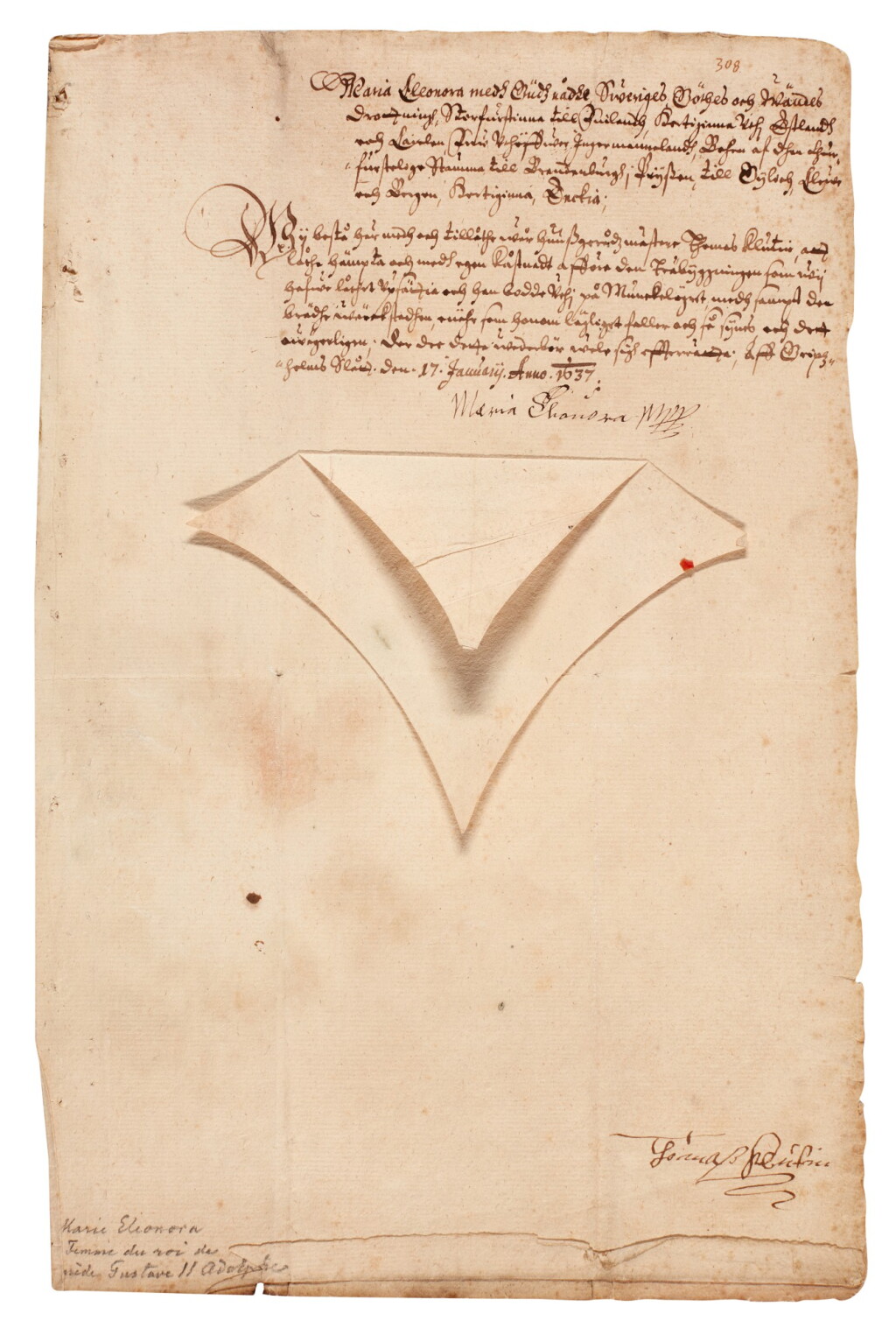 View full screen - View 1 of Lot 66. Maria Eleonora, Queen of Sweden, document signed, 17 January 1637.