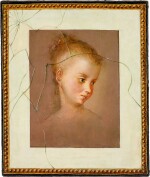 French School, 18th century, Trompe-l'œeil with a drawing of a young lady | 十八世紀 法國學院少女肖像布本油畫