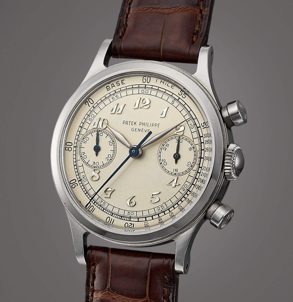 Voir en plein écran - Voir 1 du lot 2024. Reference 1463 | A stainless steel chronograph wristwatch with Breguet numerals, Made in 1962 | 百達翡麗 | 型號1463 | 精鋼計時腕錶,備寶璣式時標,1962年製.