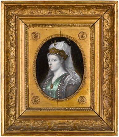 View full screen - View 1 of Lot 202. A painted enamel oval plaque depicting Roxelana, after a model associated with Titian's workshop, France, 19th century.