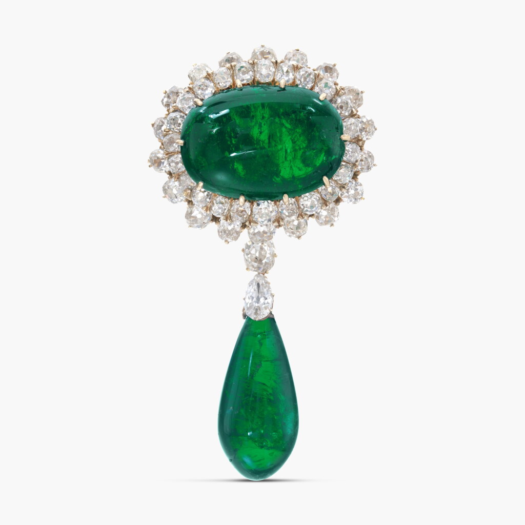 View full screen - View of Antique Emerald and Diamond Brooch.