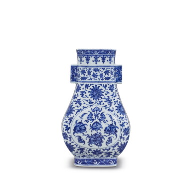 View full screen - View 1 of Lot 147. A rare blue and white 'longevity' vase (Fanghu), Seal mark and period of Qianlong.