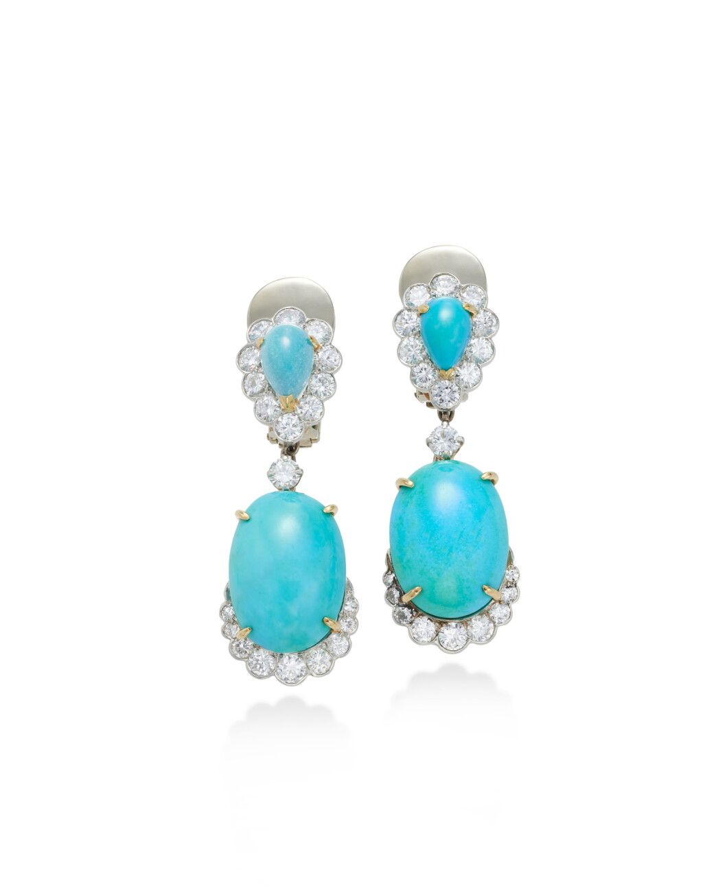 View full screen - View 1 of Lot 1959. Pair of Turquoise and Diamond Ear Clips | 綠松石 配 鑽石 耳夾一對.