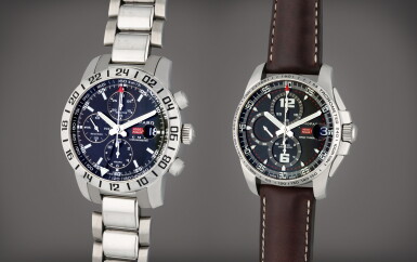 View full screen - View 1 of Lot 334. Mille Miglia | A pair of stainless steel automatic chronograph wristwatches with date, Circa 2005.